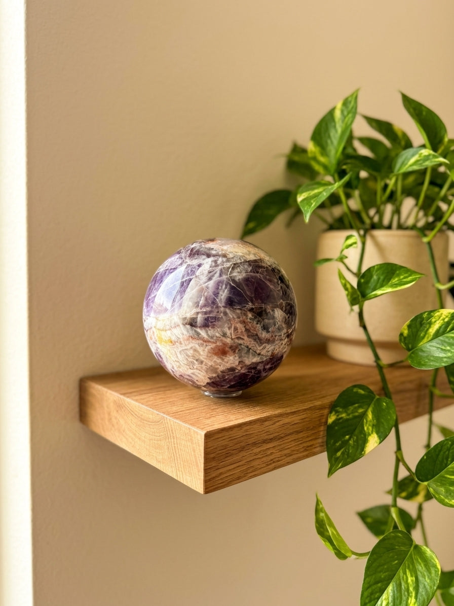 Chevron Amethyst Sphere with Stand. Polished Dream Amethyst Crystal Ball, 2 Inch, 1 lb 5 oz