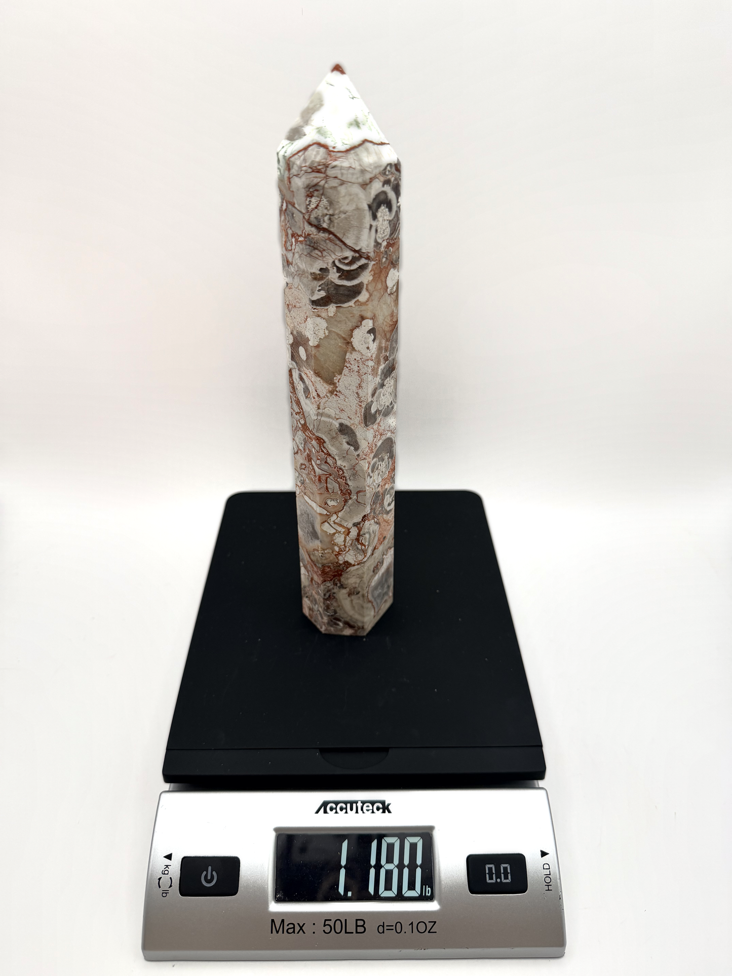 Money Agate Tower, Red and Cream Brecciated Agate Crystal Point, 9 Inch Polished Obelisk with Orbicular Eyes