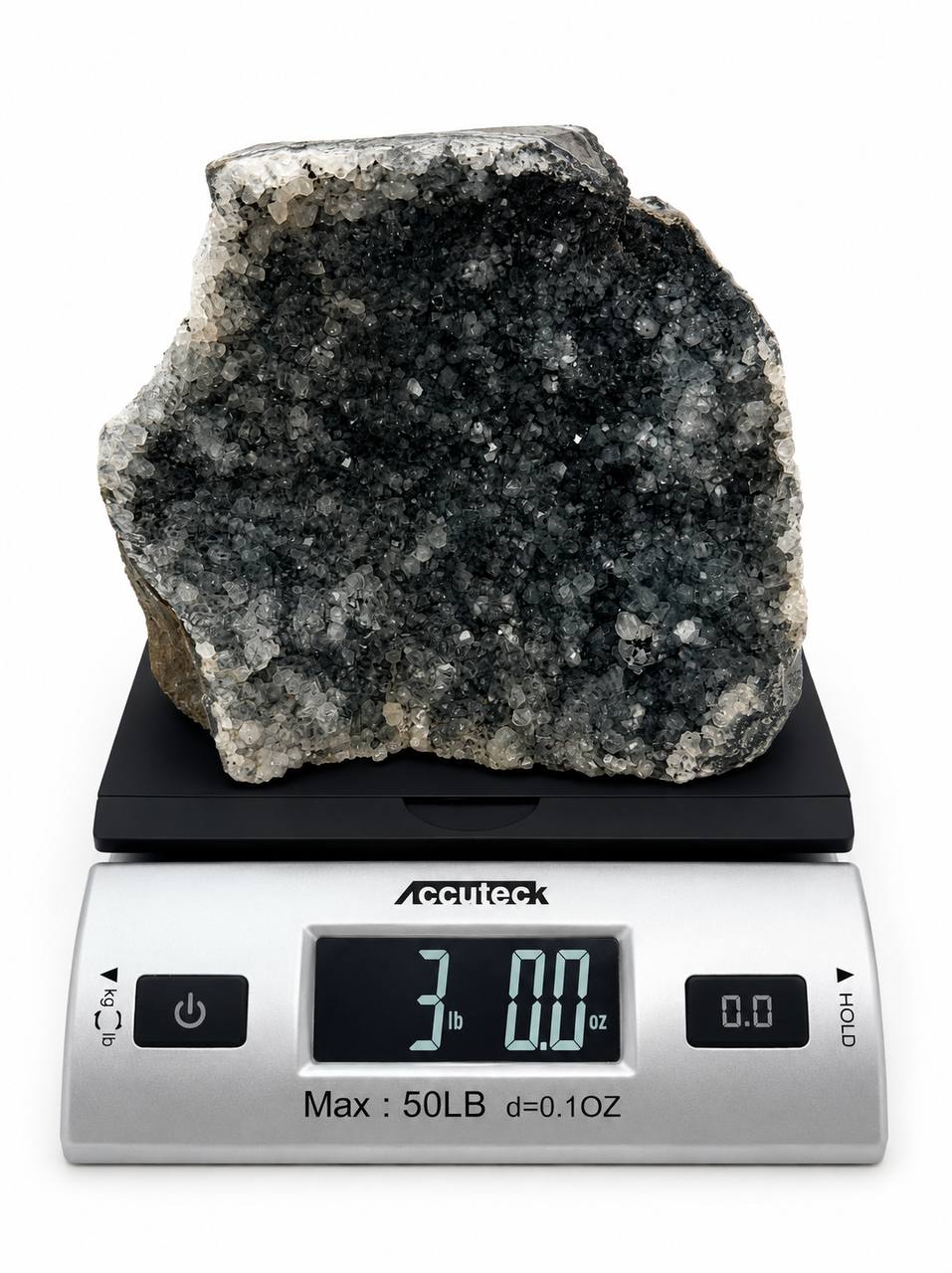 Black amethyst druzy cluster, self standing, charcoal grey crystals with white rim