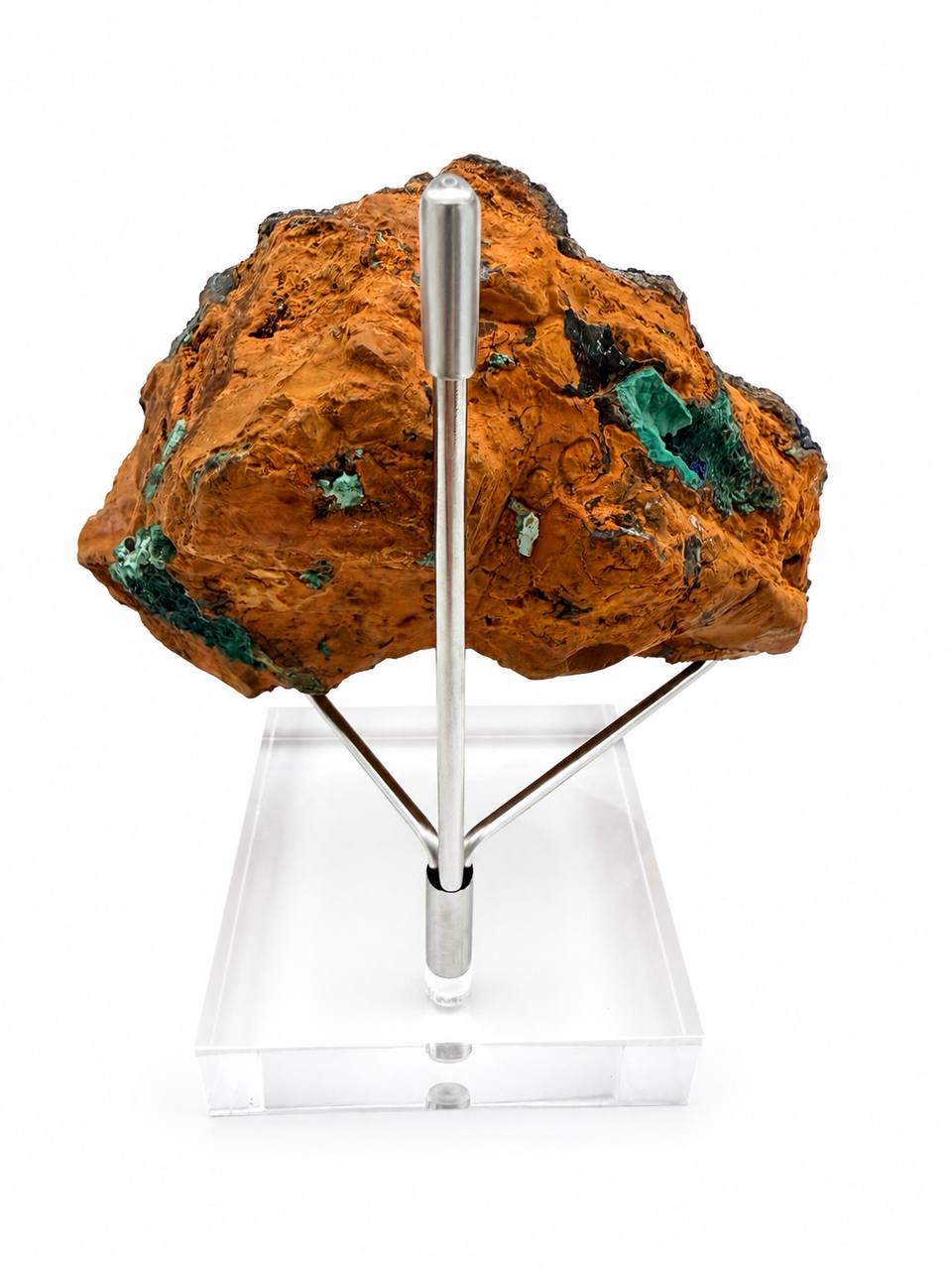 Azurite malachite specimen, royal blue and green copper minerals on custom pin stand