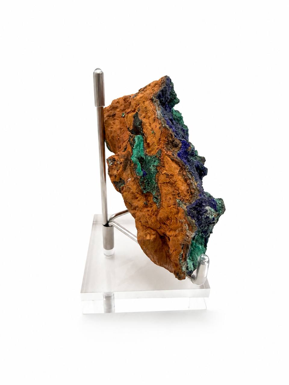 Azurite malachite specimen, royal blue and green copper minerals on custom pin stand