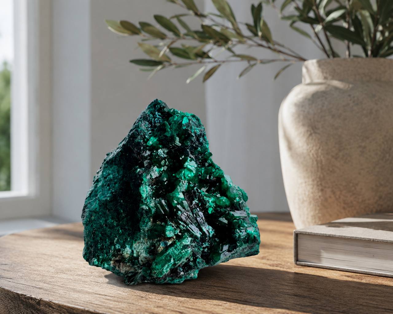 Dioptase crystal specimen lifestyle photo on wooden shelf