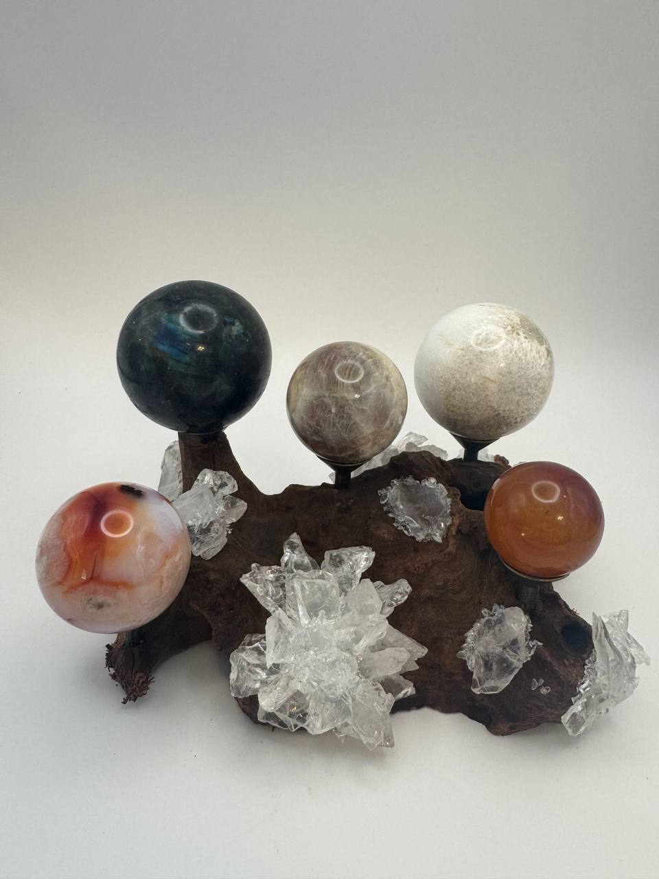 Driftwood Crystal Sphere Display Stand with Quartz Clusters
