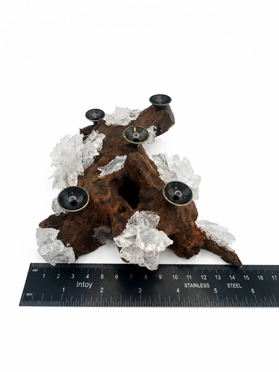 Driftwood Crystal Sphere Display Stand with Quartz Clusters
