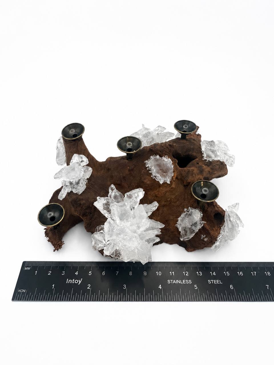 Driftwood Crystal Sphere Display Stand with Quartz Clusters