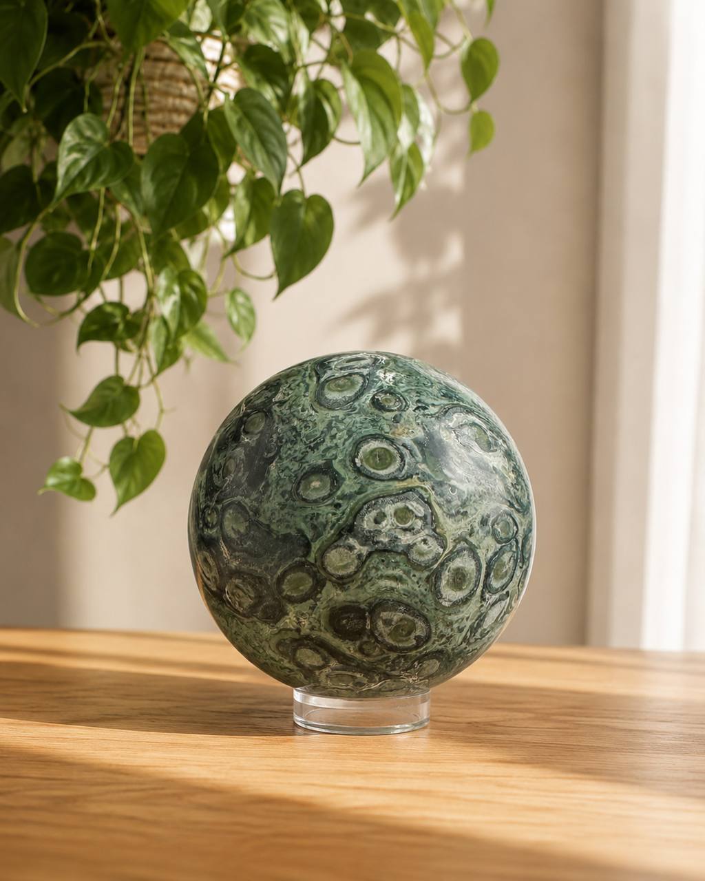 Kambaba Jasper sphere on acrylic stand with hanging greenery