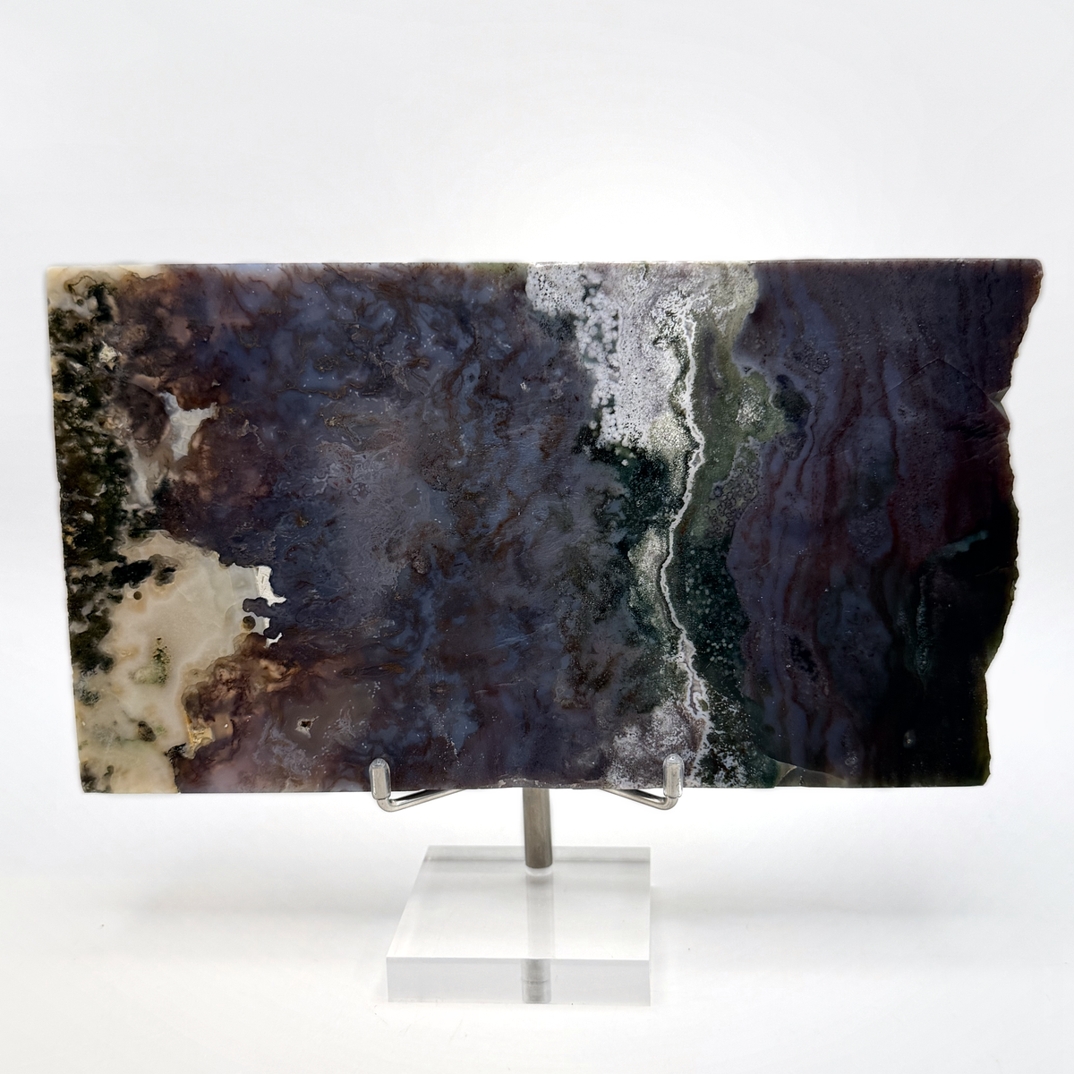 Front of the purple moss agate slab with the white druzy seam