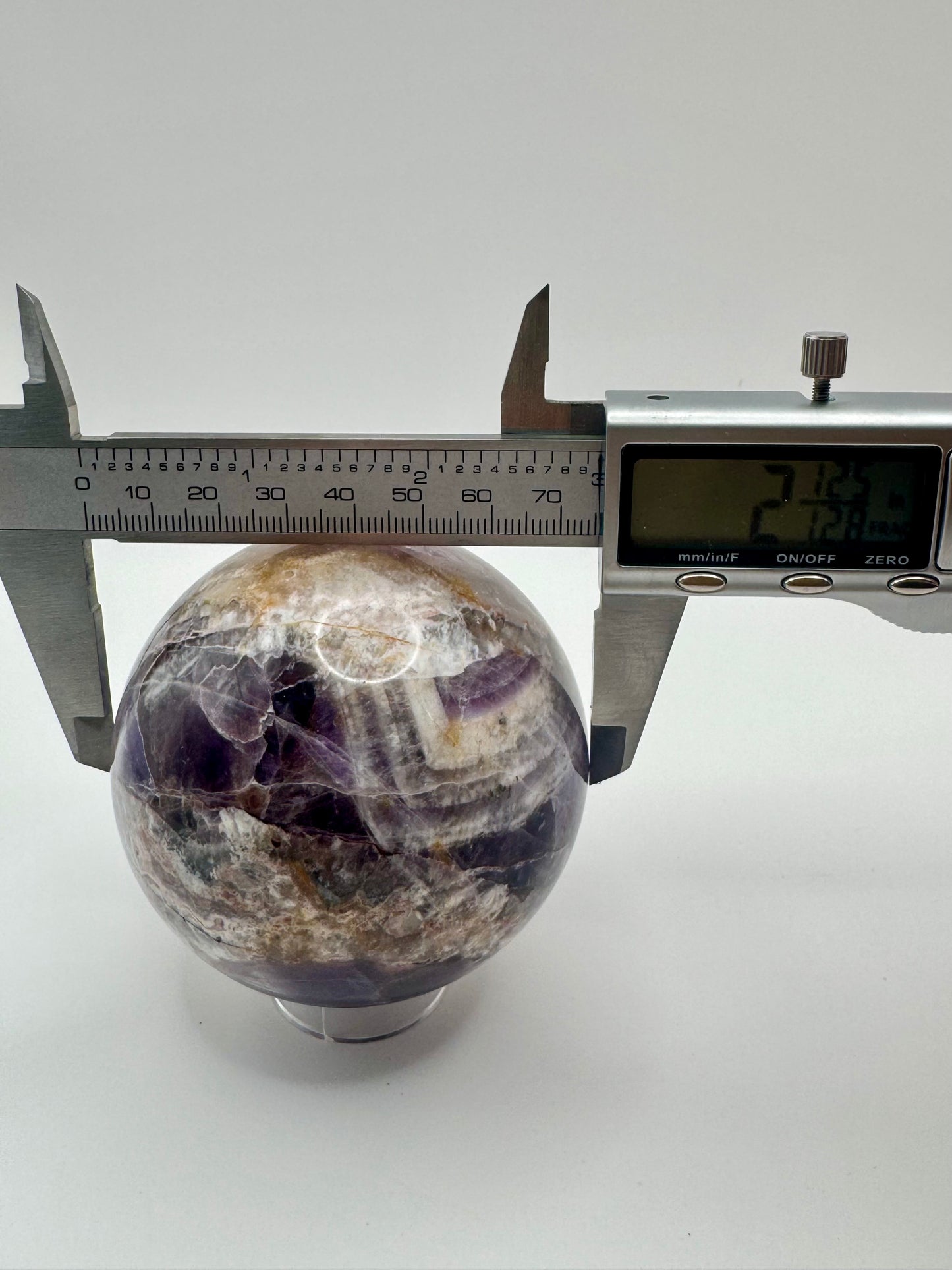 Chevron Amethyst Sphere with Stand. Polished Dream Amethyst Crystal Ball, 2 Inch, 1 lb 5 oz