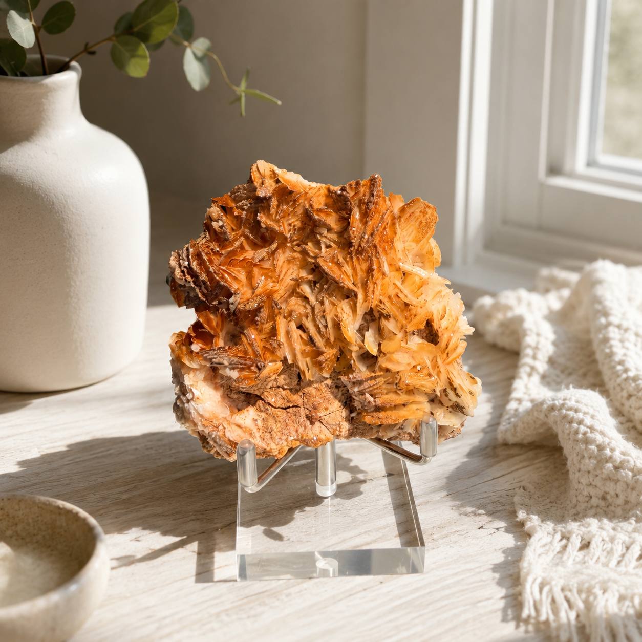 Vanadinite on barite styled by a bright window with eucalyptus