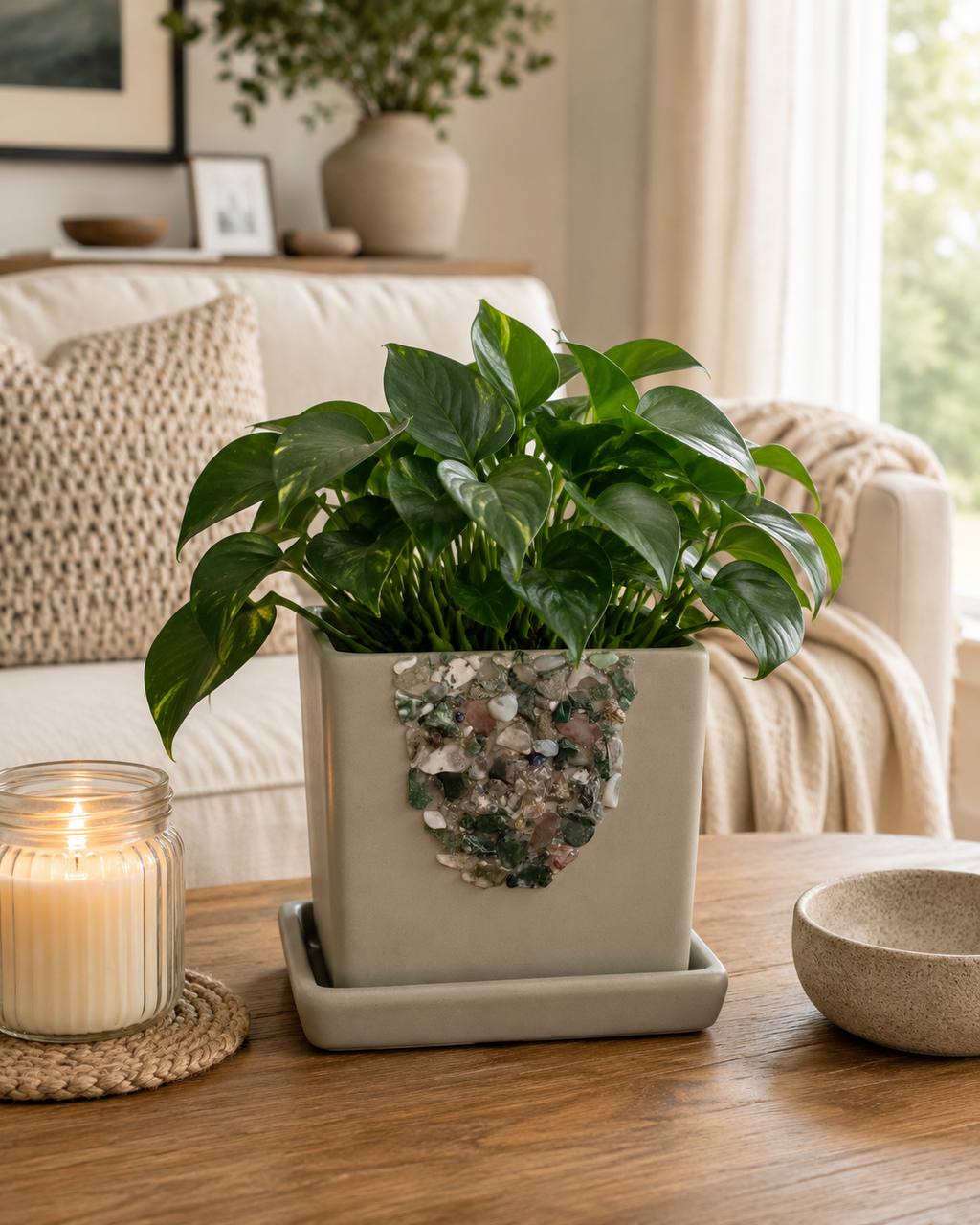 Moss agate planter with pothos on coffee table