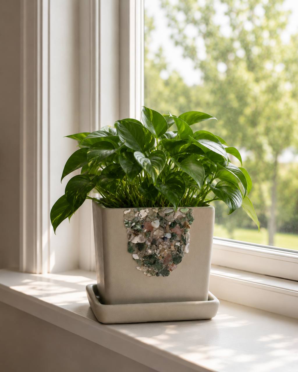 Moss agate planter on windowsill with pothos