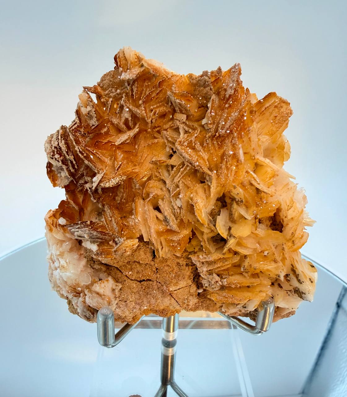 Vanadinite on barite specimen front face on acrylic stand