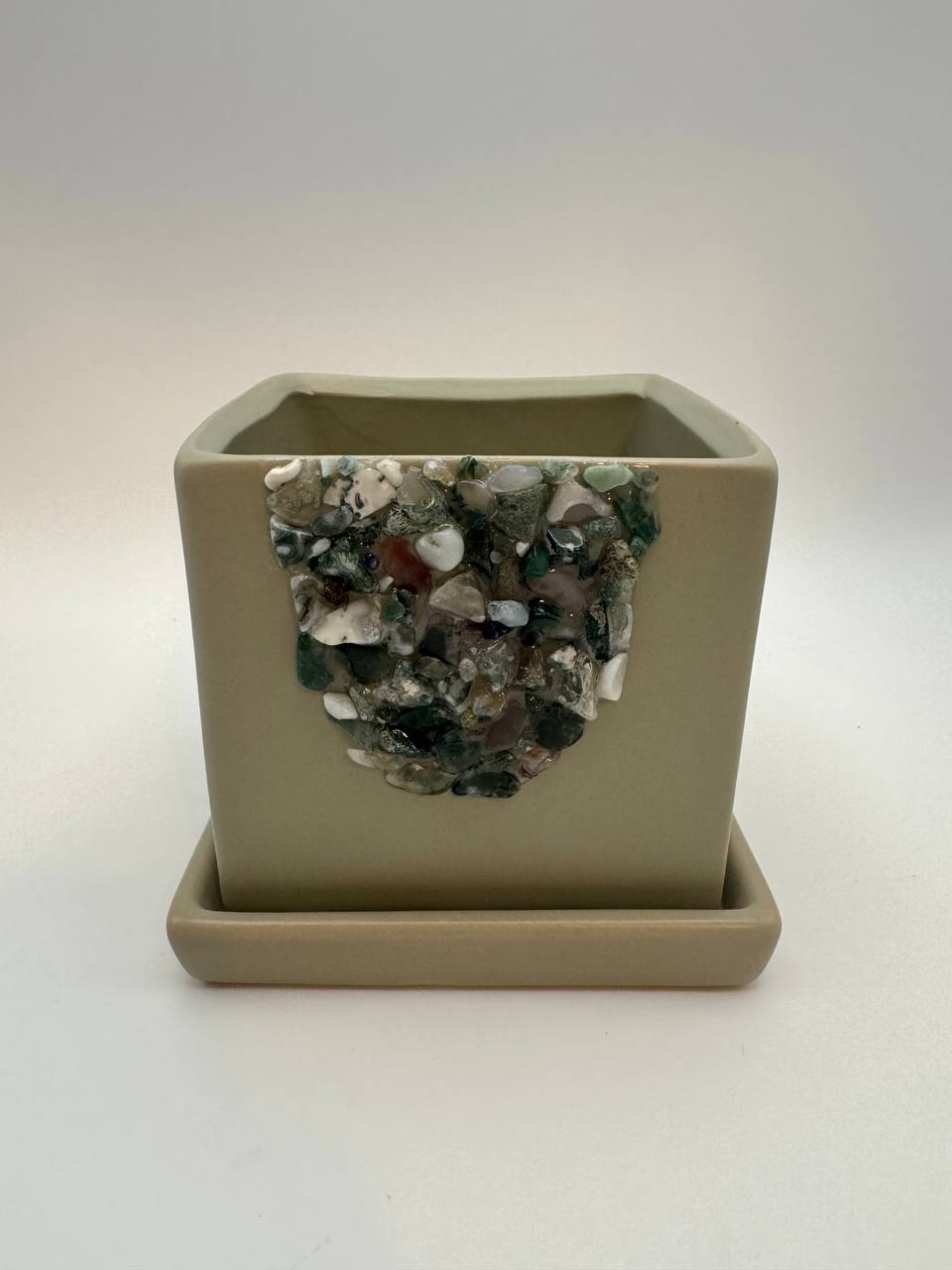 Moss agate crystal chip planter sage green with saucer