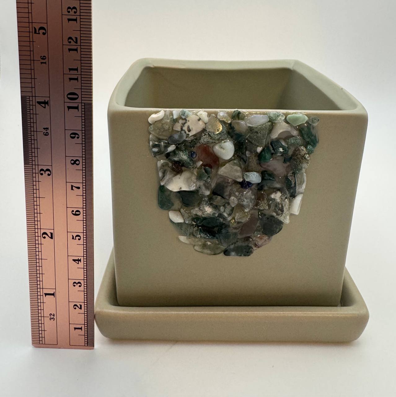 Moss agate planter side view with ruler