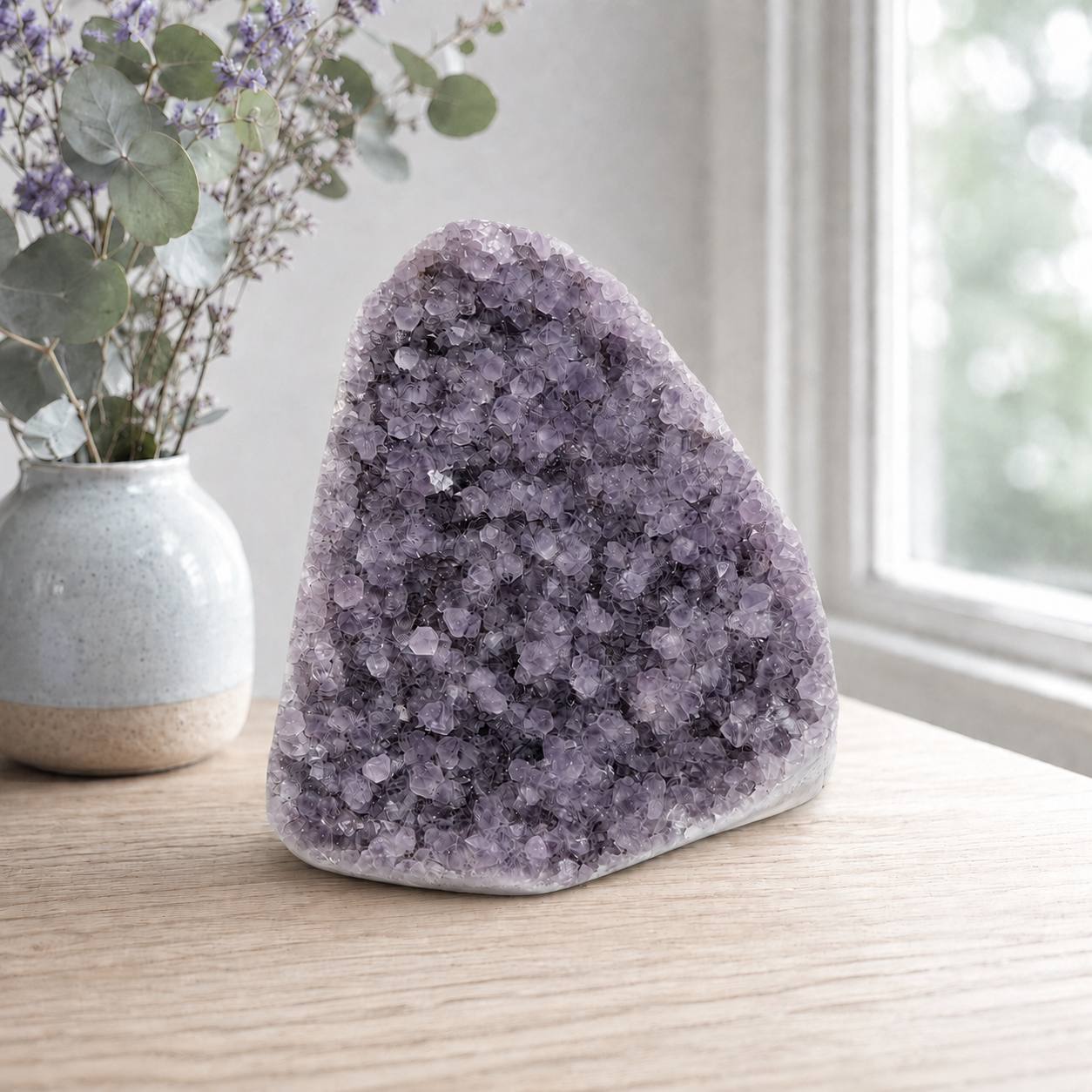 Lavender amethyst cluster lifestyle on shelf with lavender and eucalyptus