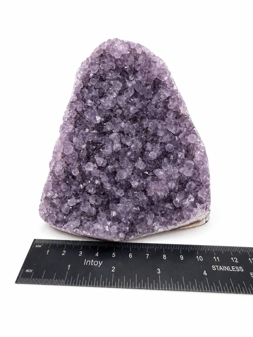 Lavender amethyst cluster with ruler showing 4.5 inch width