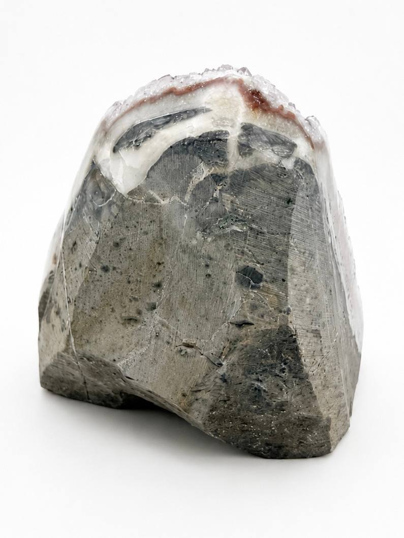 Lavender amethyst cluster back view showing polished basalt