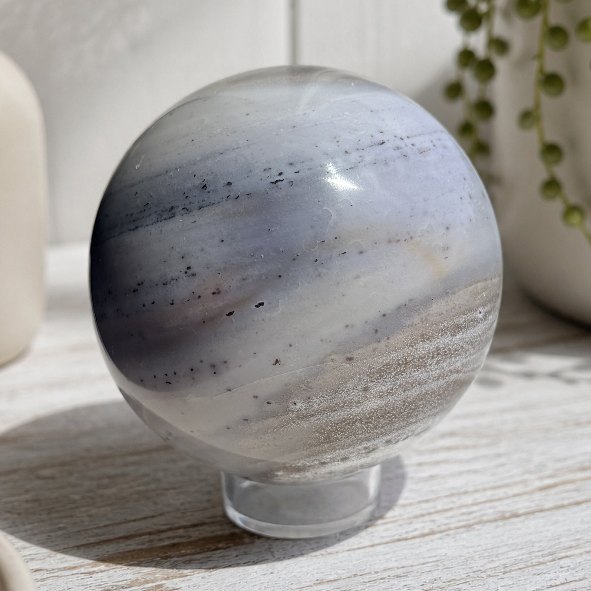 Blue and tan banded jasper sphere on a whitewashed wood surface with a string of pearls plant