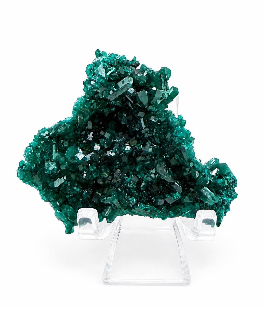 Dioptase crystal cluster back view on acrylic easel stand