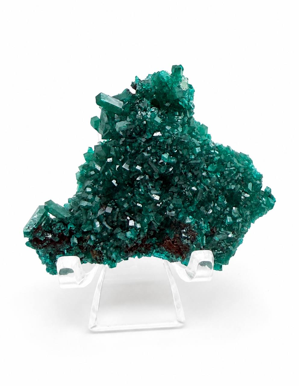 Dioptase crystal cluster front view on acrylic easel stand