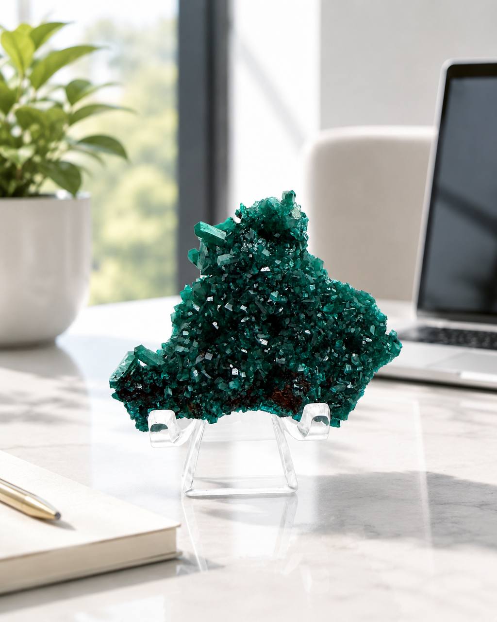 Dioptase crystal cluster on marble desk with journal and plant