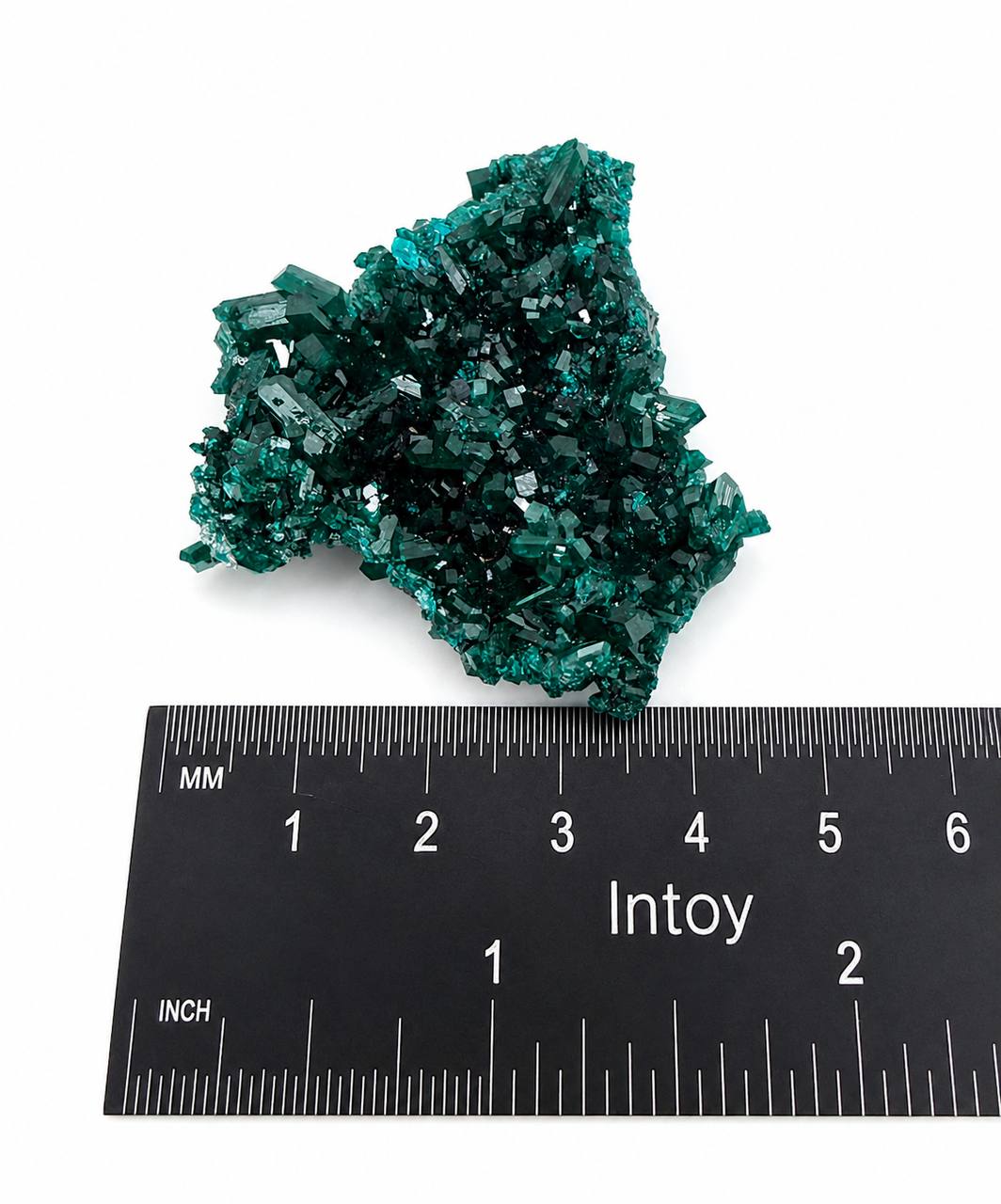 Dioptase crystal cluster back with ruler showing size