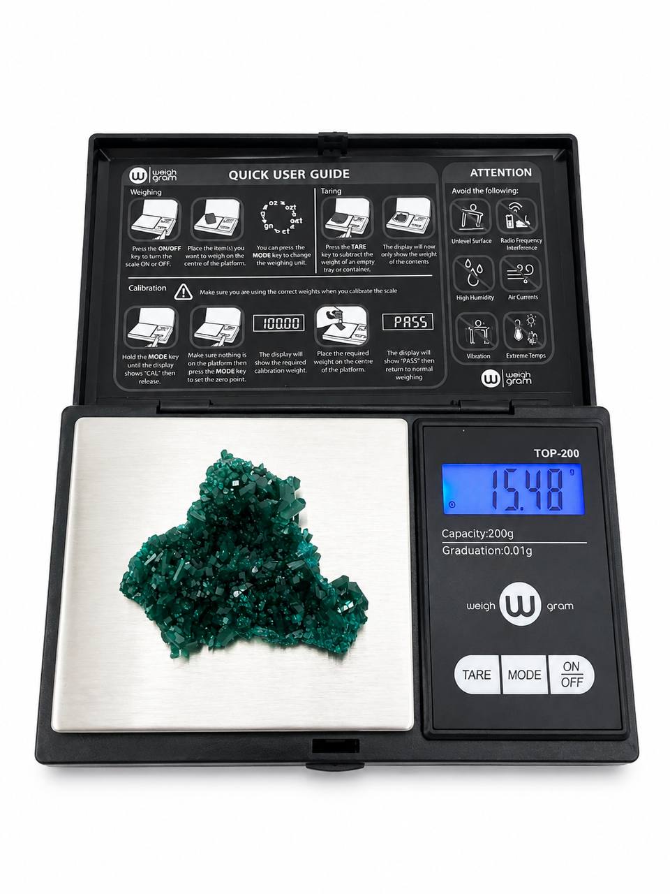 Dioptase crystal cluster on gram scale showing 15.48g