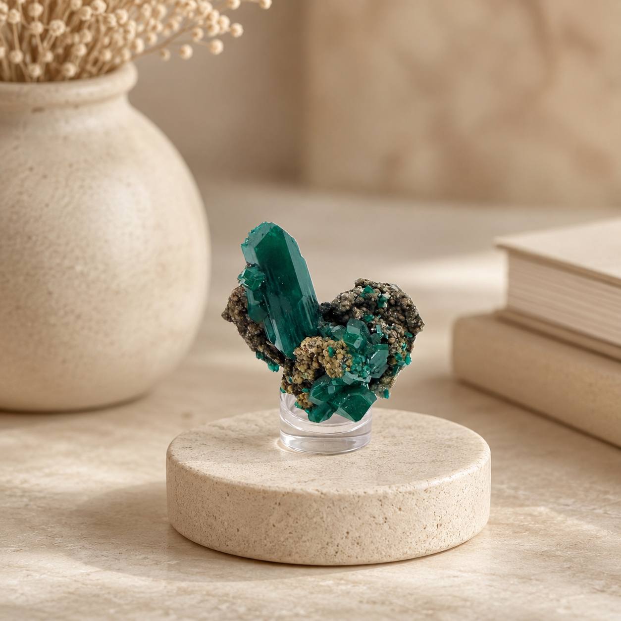 Dioptase crystal blade lifestyle on stone pedestal with dried flowers