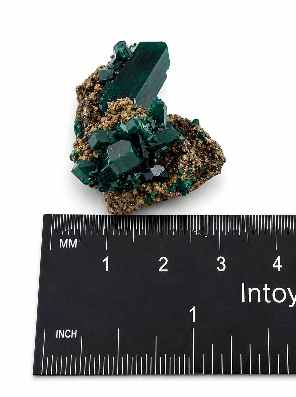 Dioptase crystal blade with ruler back view