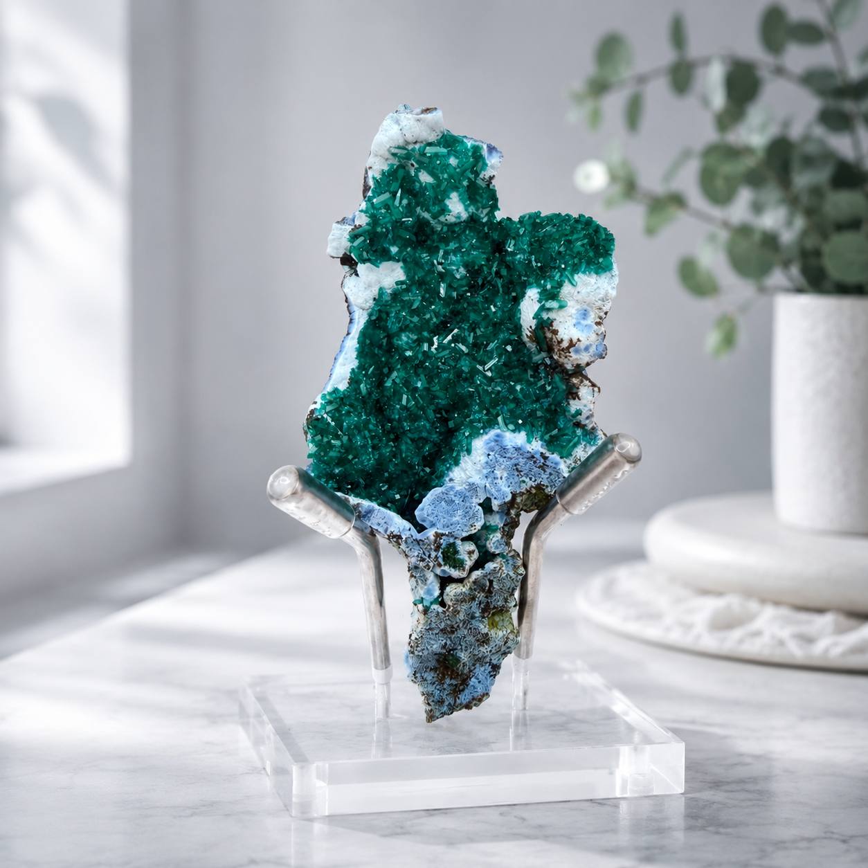 Dioptase and plancheite plate on tripod stand lifestyle display