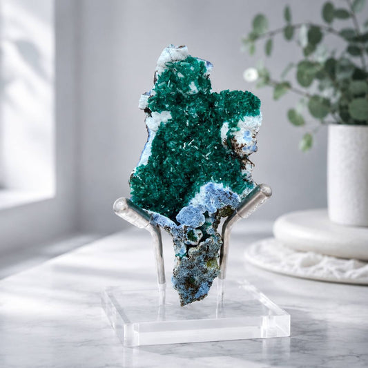 Dioptase and plancheite plate on tripod stand lifestyle display