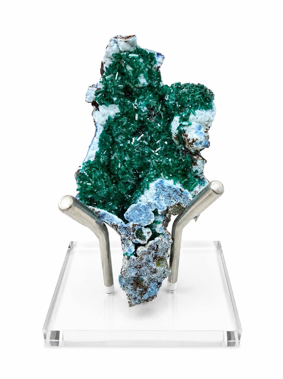 Dioptase plate on acrylic tripod stand white background