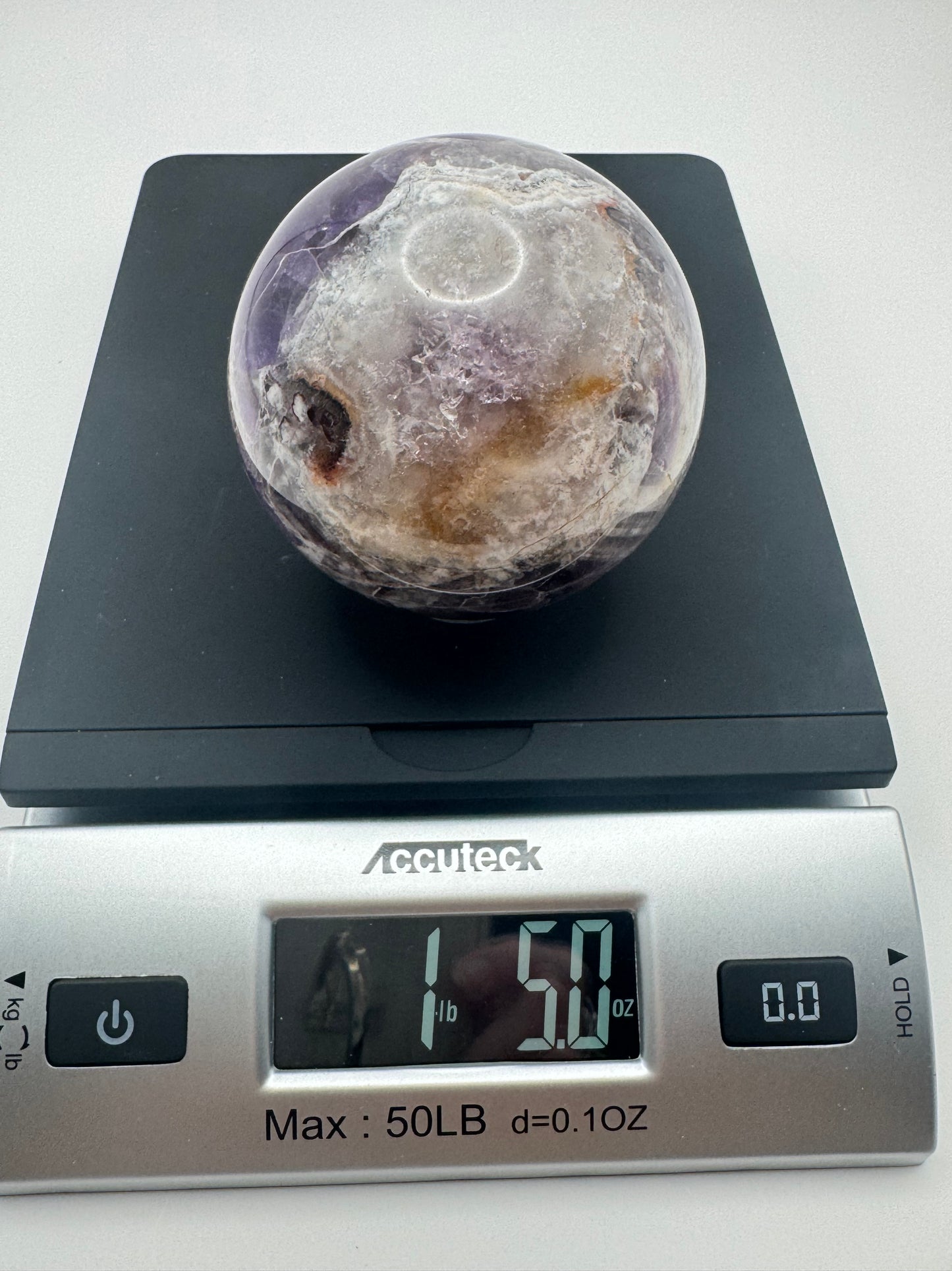 Chevron Amethyst Sphere with Stand. Polished Dream Amethyst Crystal Ball, 2 Inch, 1 lb 5 oz