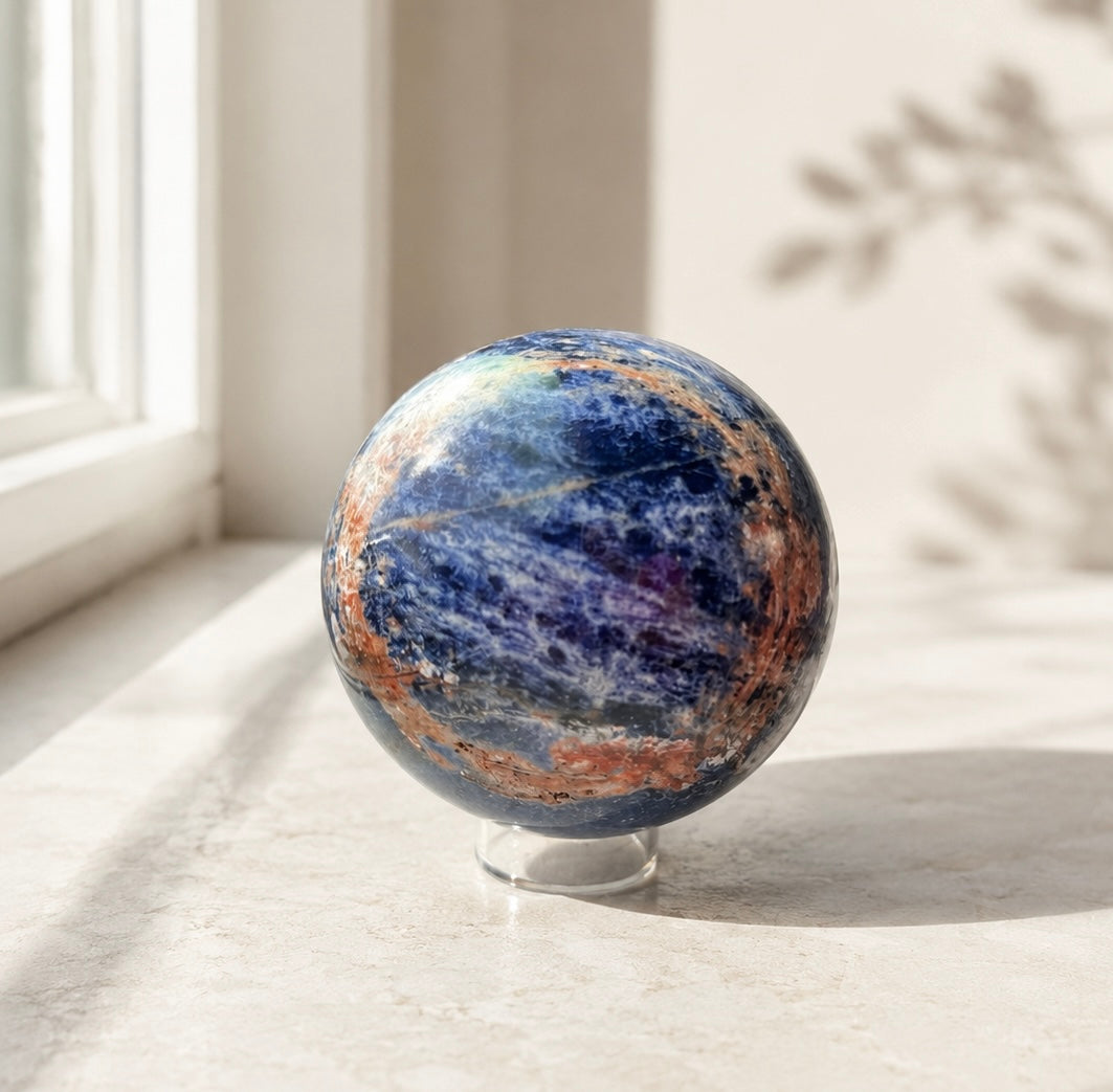 Sunset Sodalite Crystal Sphere. Polished Blue and Orange Sodalite with Iron Oxide Veining, Crystal Ball with Stand, 3.29"