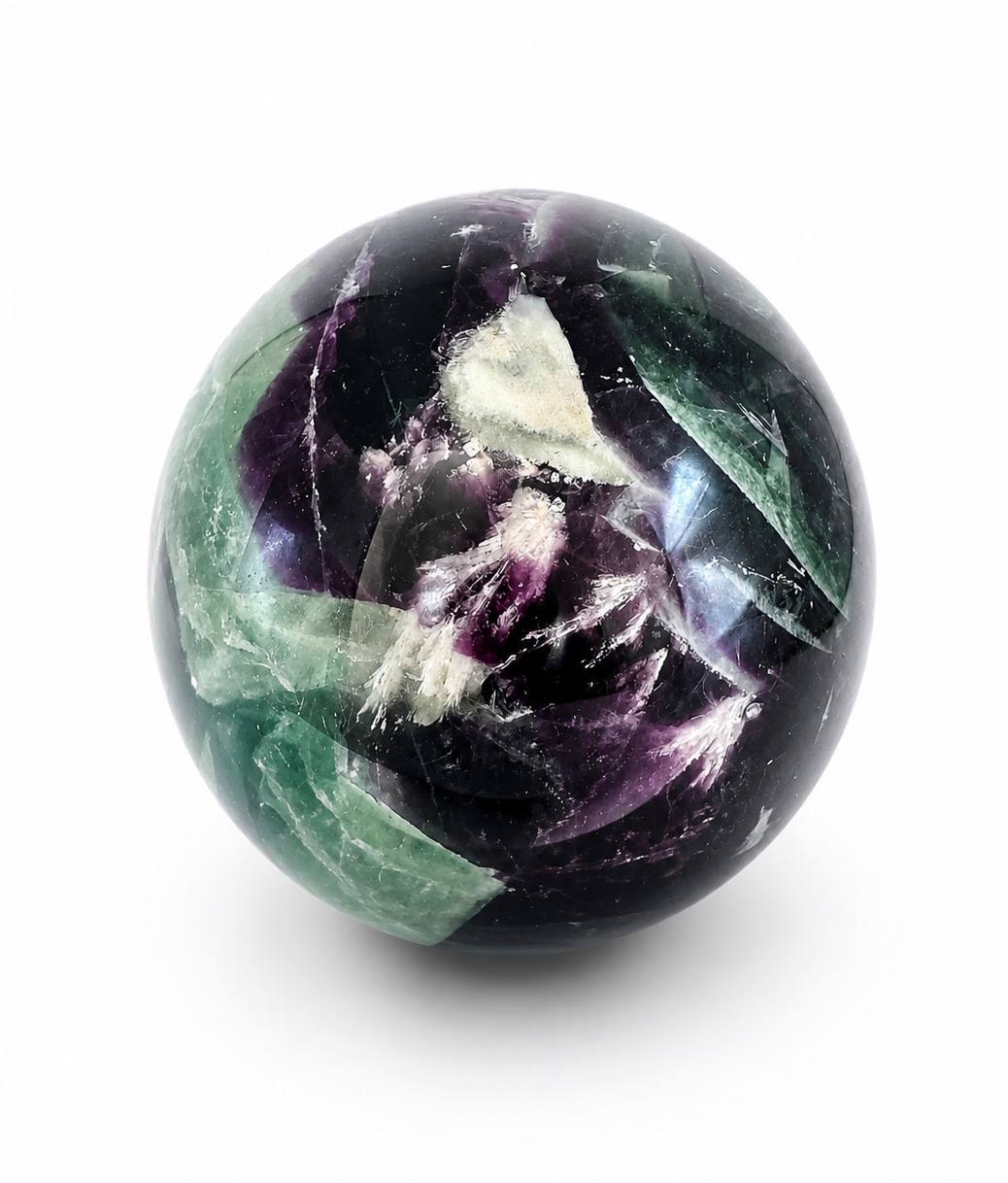Rainbow fluorite sphere angle showing purple and feathery inclusions