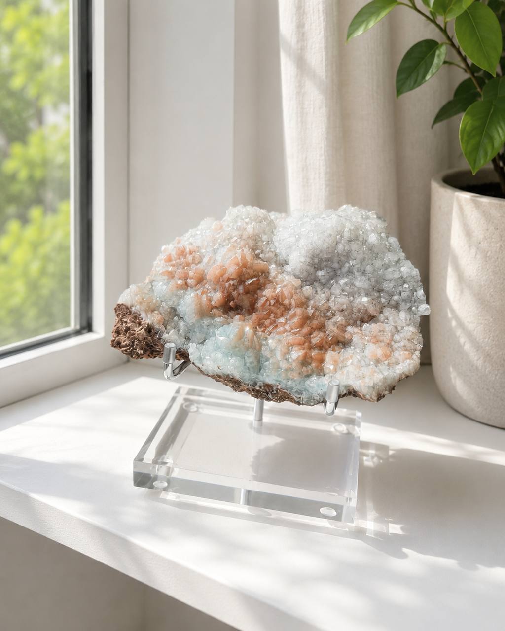 Hemimorphite bicolor specimen lifestyle on windowsill with plant