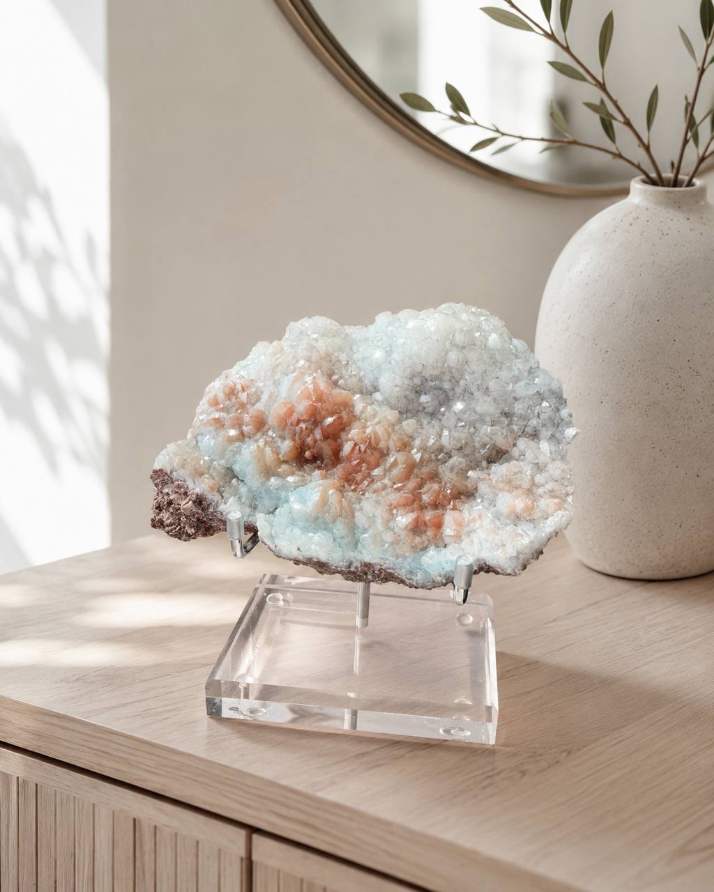 Large hemimorphite bicolor specimen on acrylic stand lifestyle with mirror and olive branch