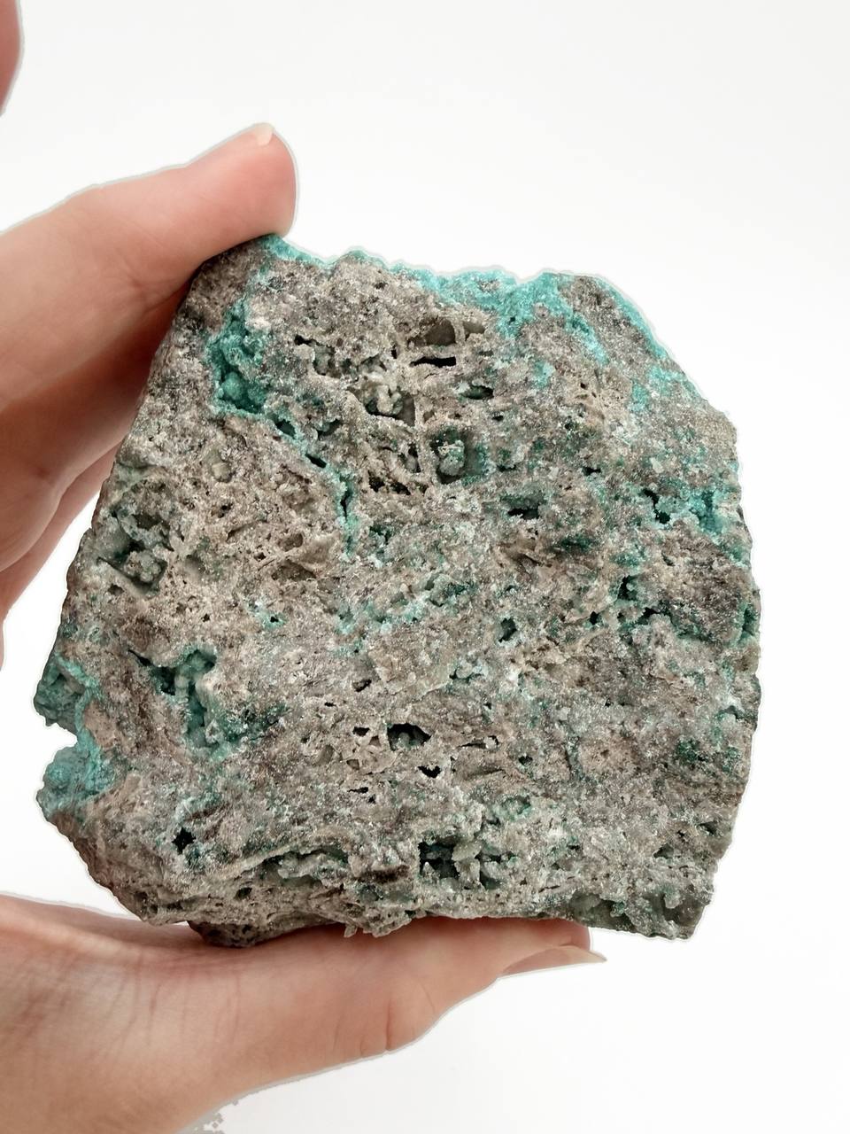 Hemimorphite specimen back view showing matrix with teal veins