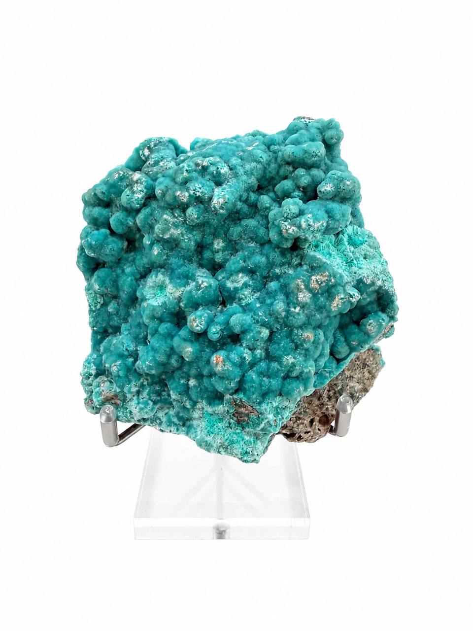 Teal hemimorphite crystal cluster front view on acrylic stand