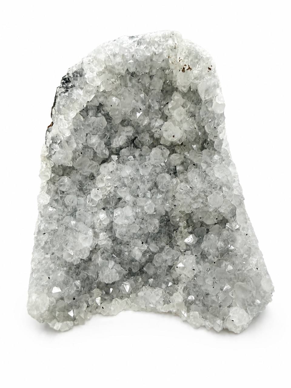 Icy amethyst crystal cluster front view white background
