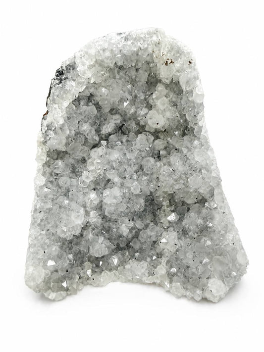 Icy amethyst crystal cluster front view white background