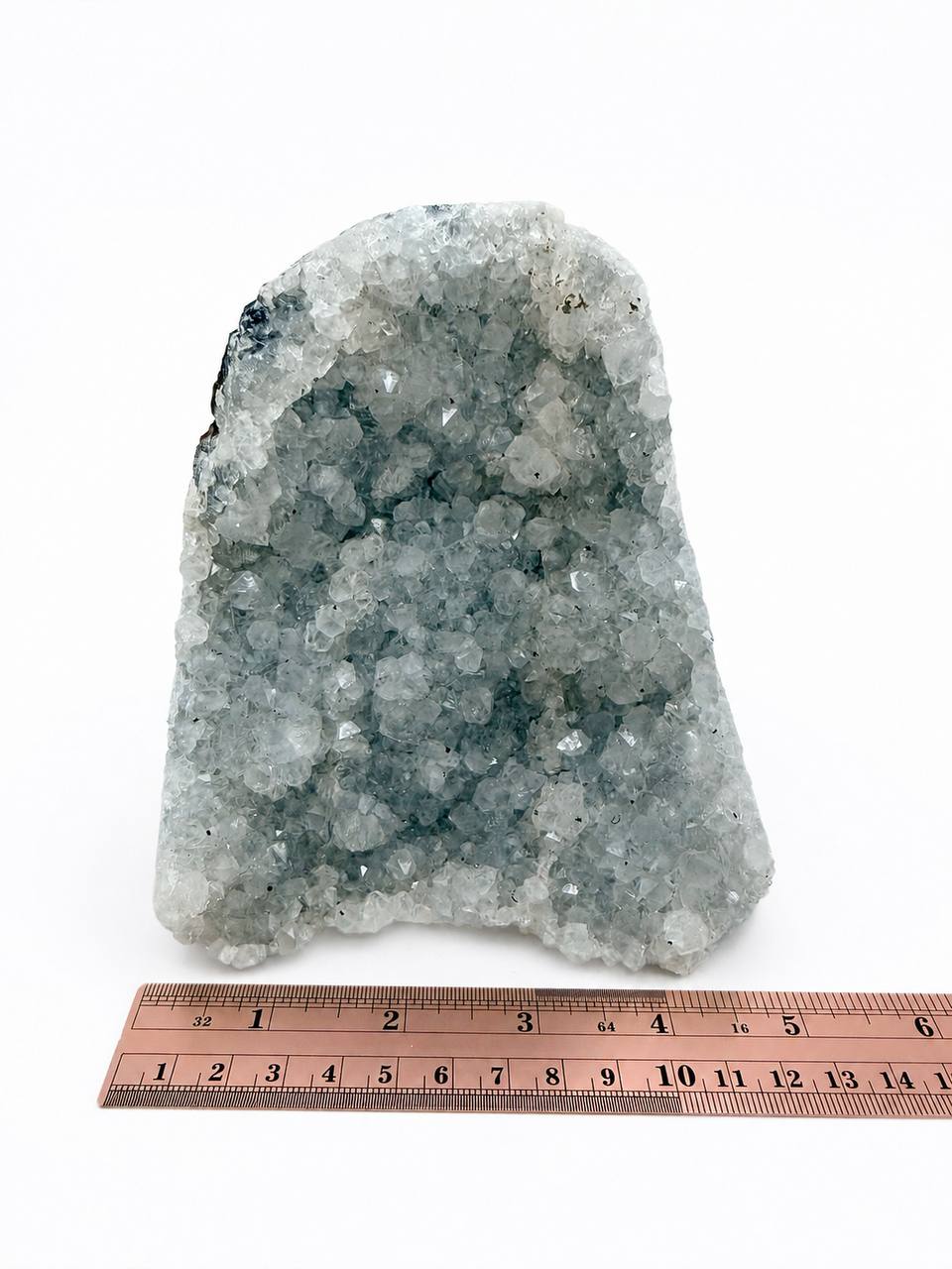 Icy amethyst cluster with ruler showing 5 inch width
