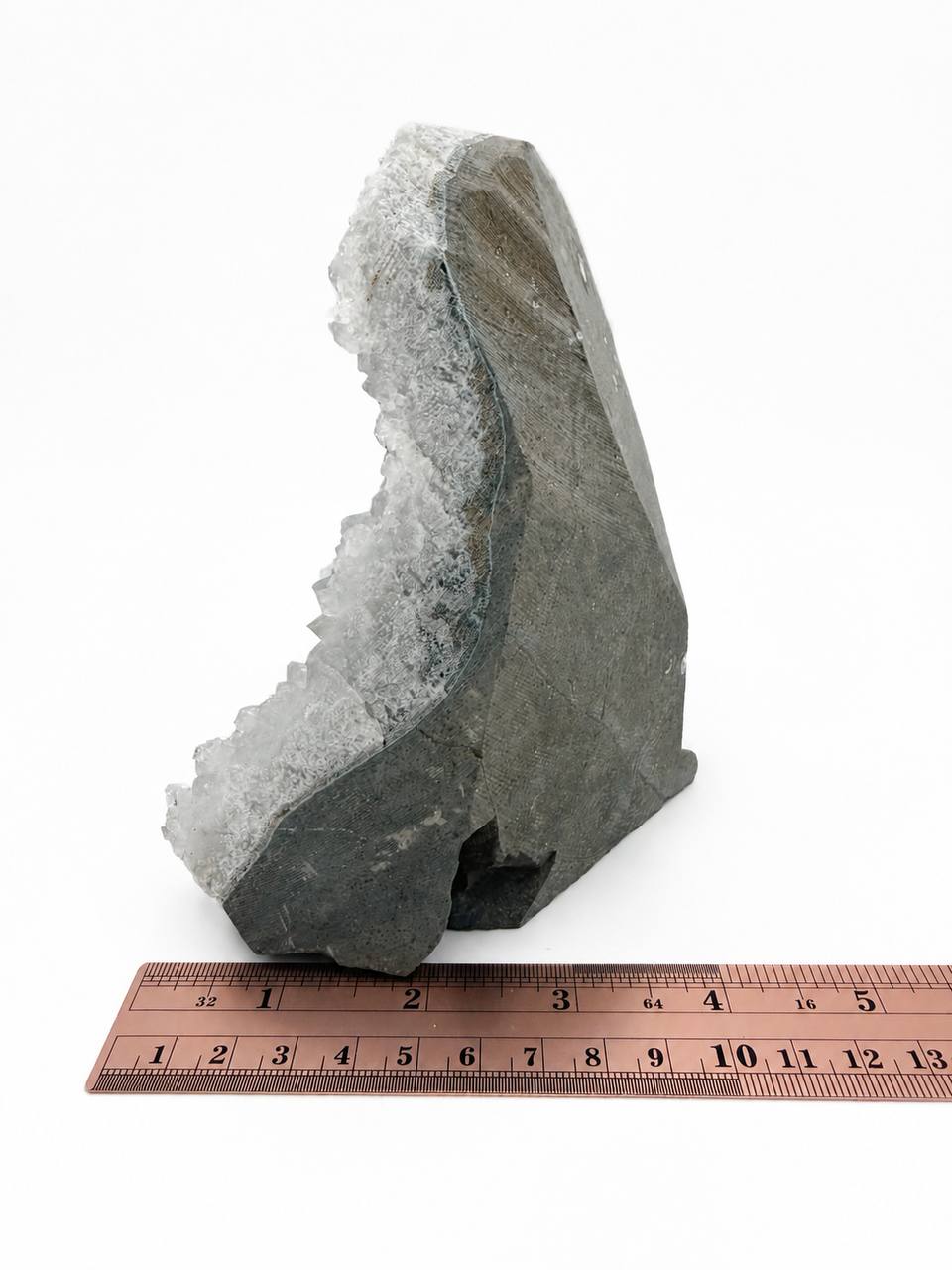 Icy amethyst cluster side profile showing 4 inch depth and cut base