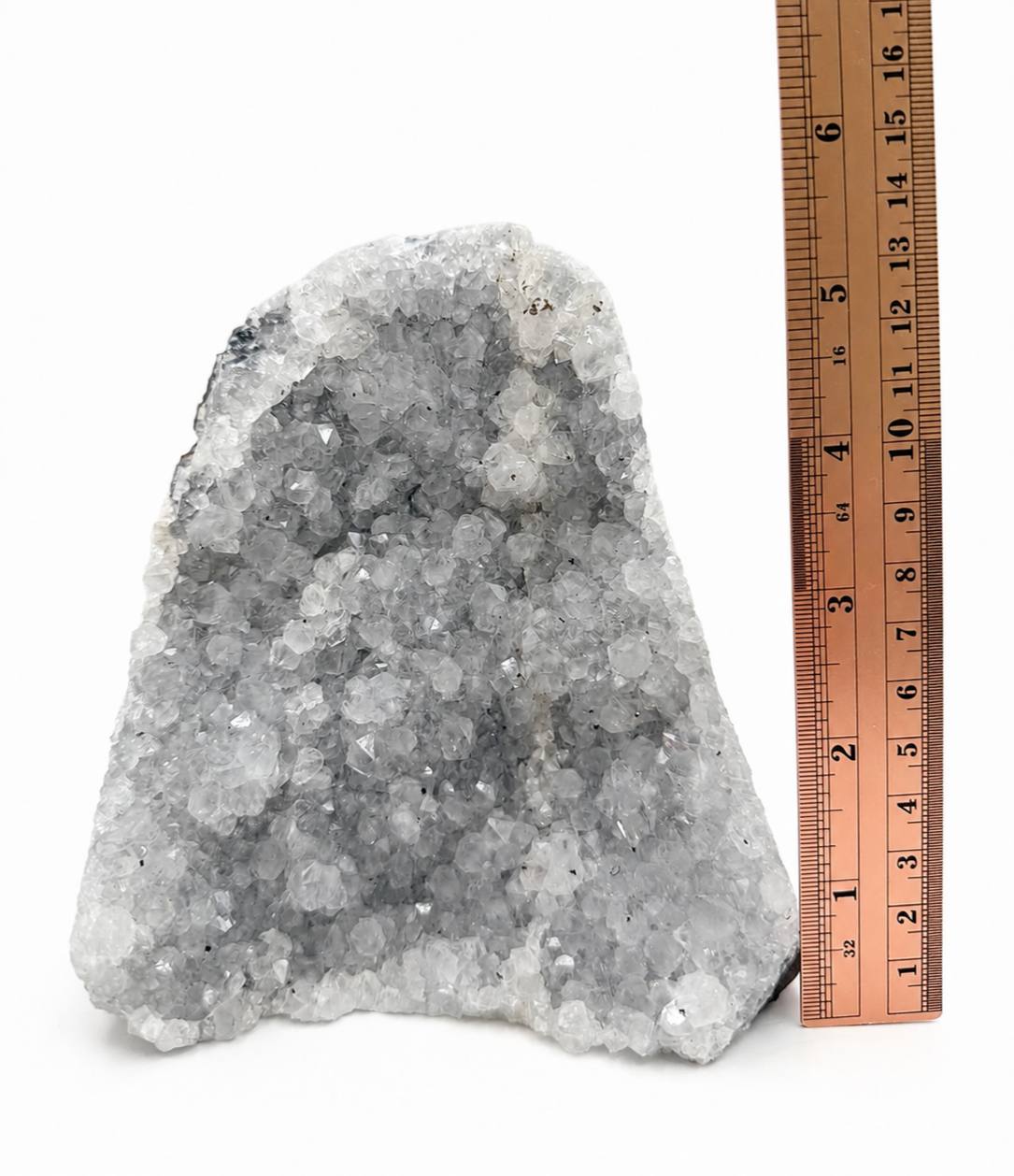Icy amethyst cluster with ruler showing 5.5 inch height