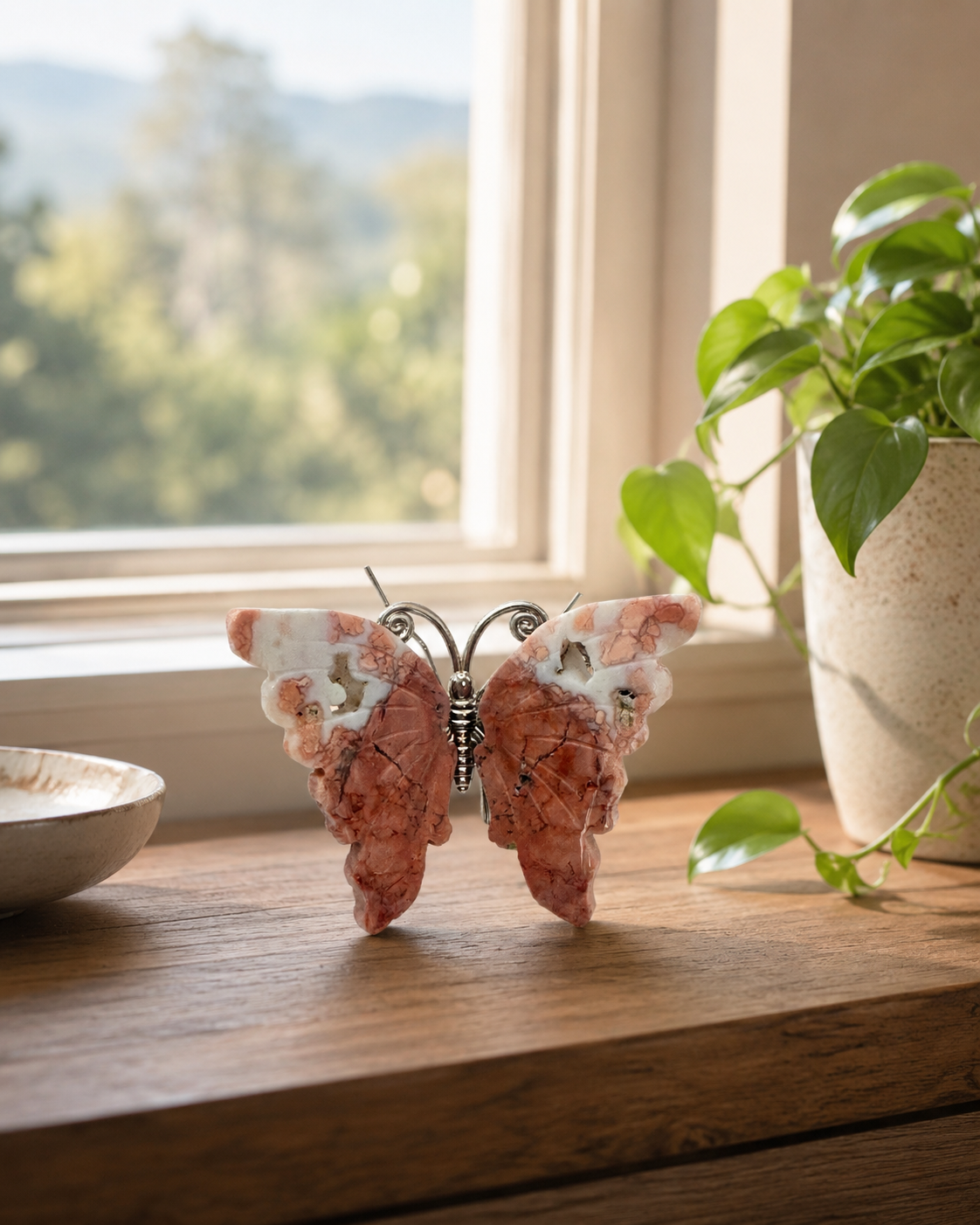 Pink Agate Crystal Butterfly on Silver Stand, Sakura Agate Butterfly Specimen, Crystal Butterfly Decor, Heart Chakra