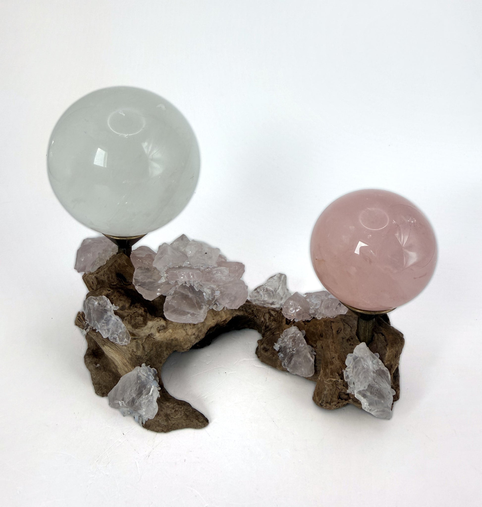 Crystal sphere gift set, clear quartz and rose quartz on a burl wood holder