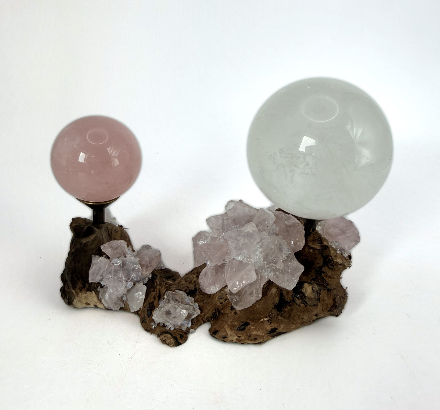 Crystal sphere gift set, clear quartz and rose quartz on a burl wood holder