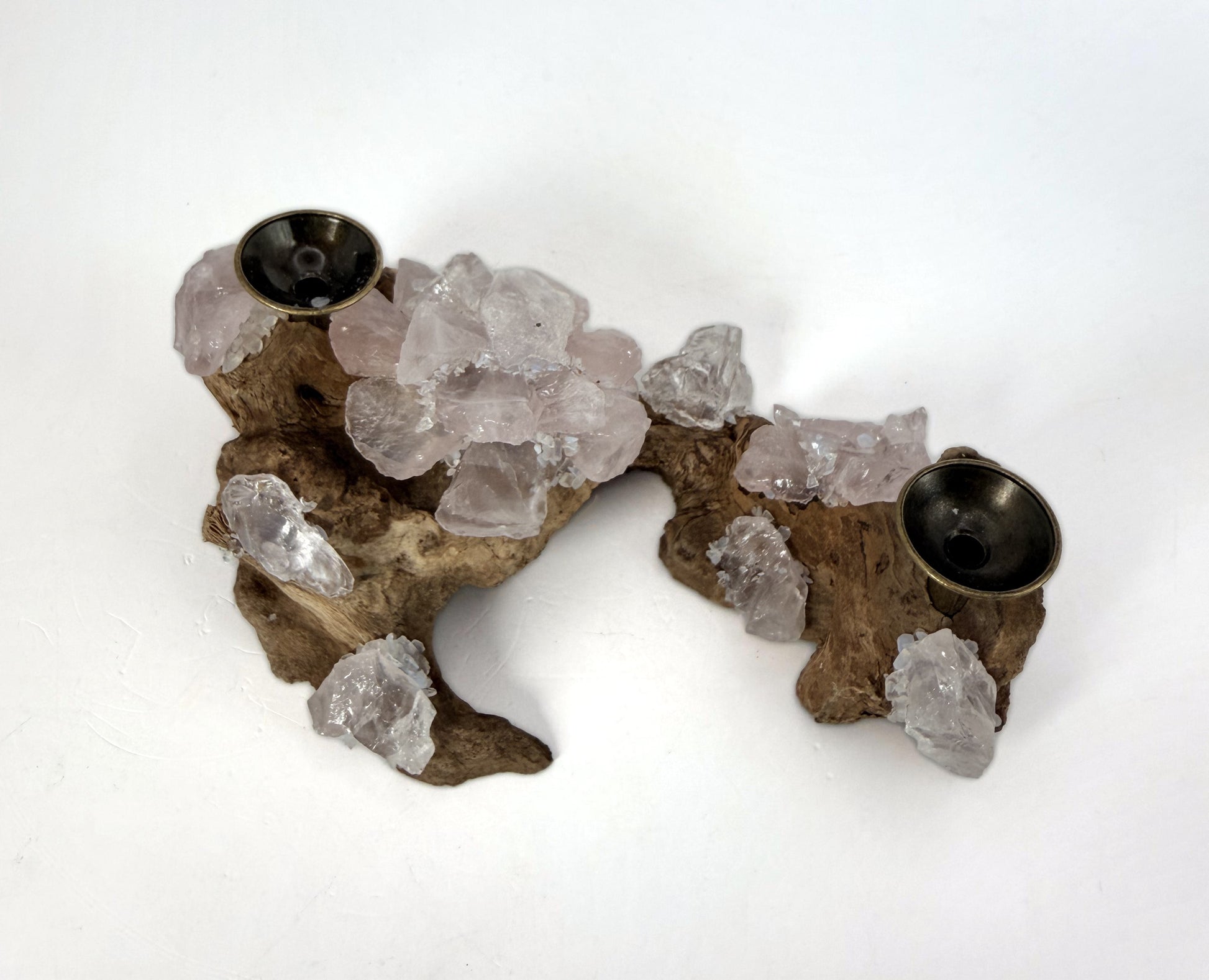 Crystal sphere gift set, clear quartz and rose quartz on a burl wood holder
