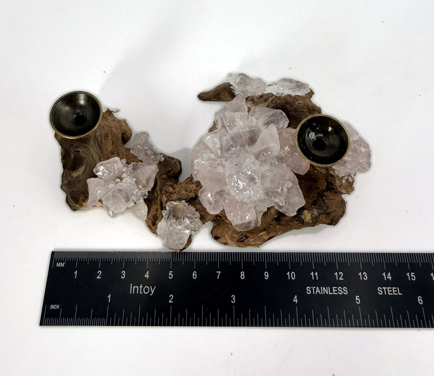 Crystal sphere gift set, clear quartz and rose quartz on a burl wood holder