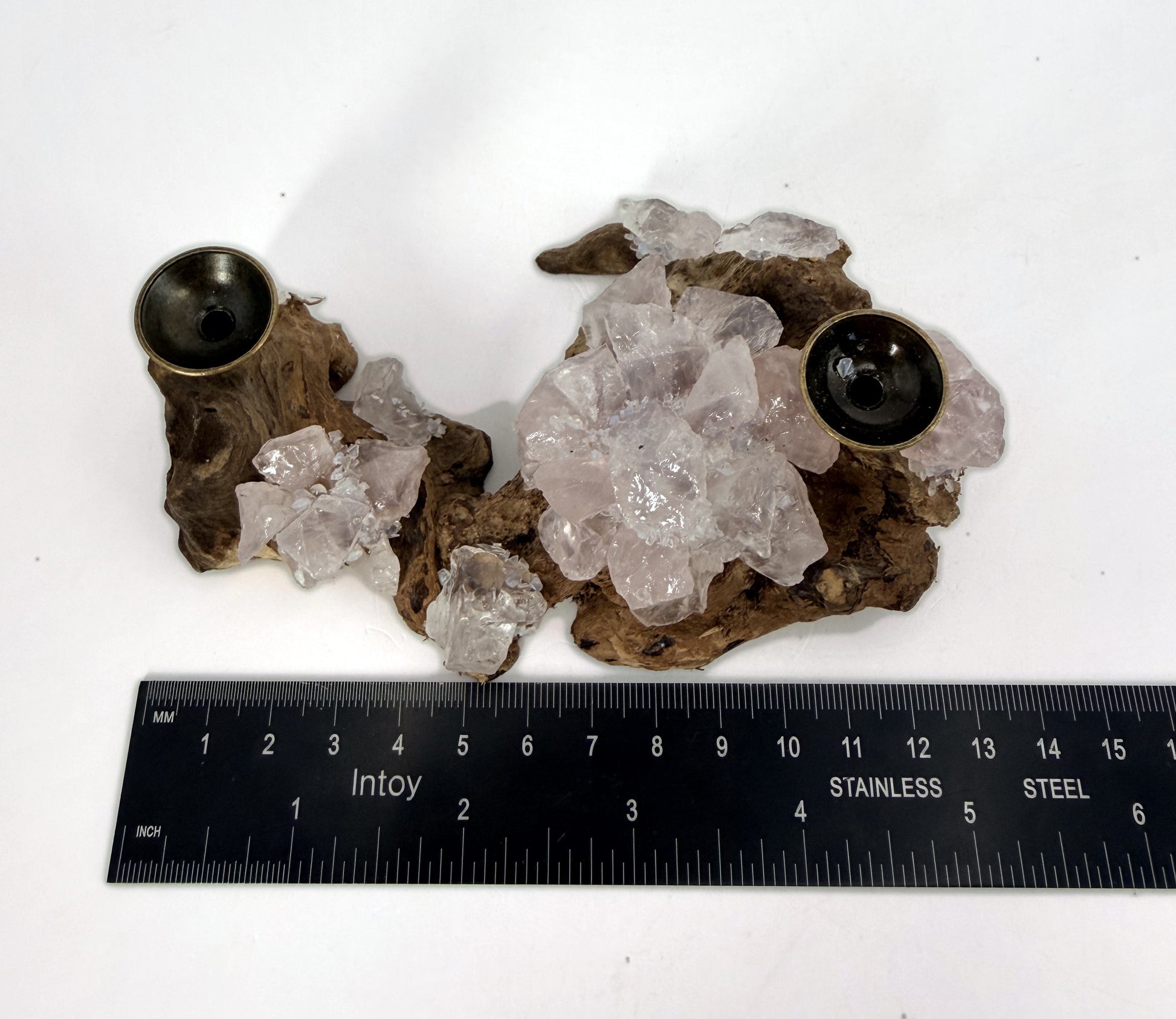 Crystal sphere gift set, clear quartz and rose quartz on a burl wood holder